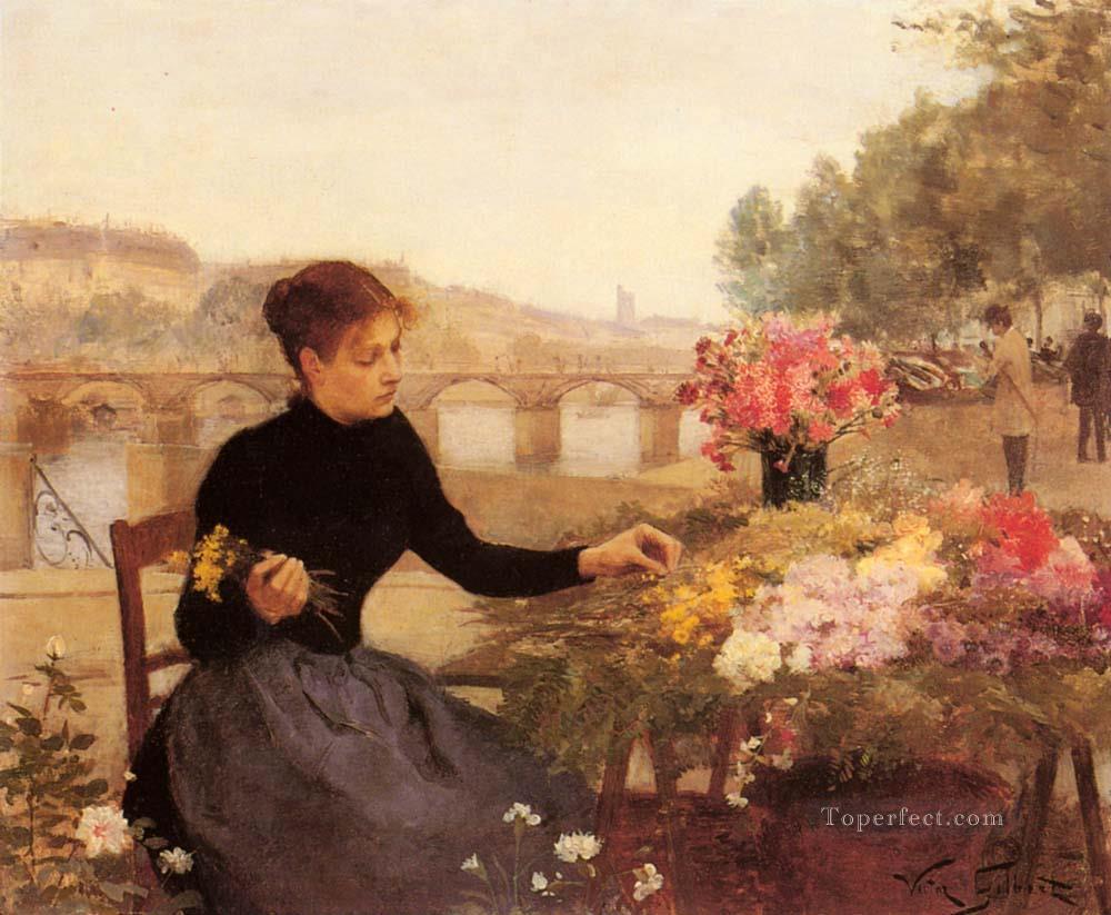 パリの花市場のジャンル ヴィクトル・ガブリエル・ギルバート油絵